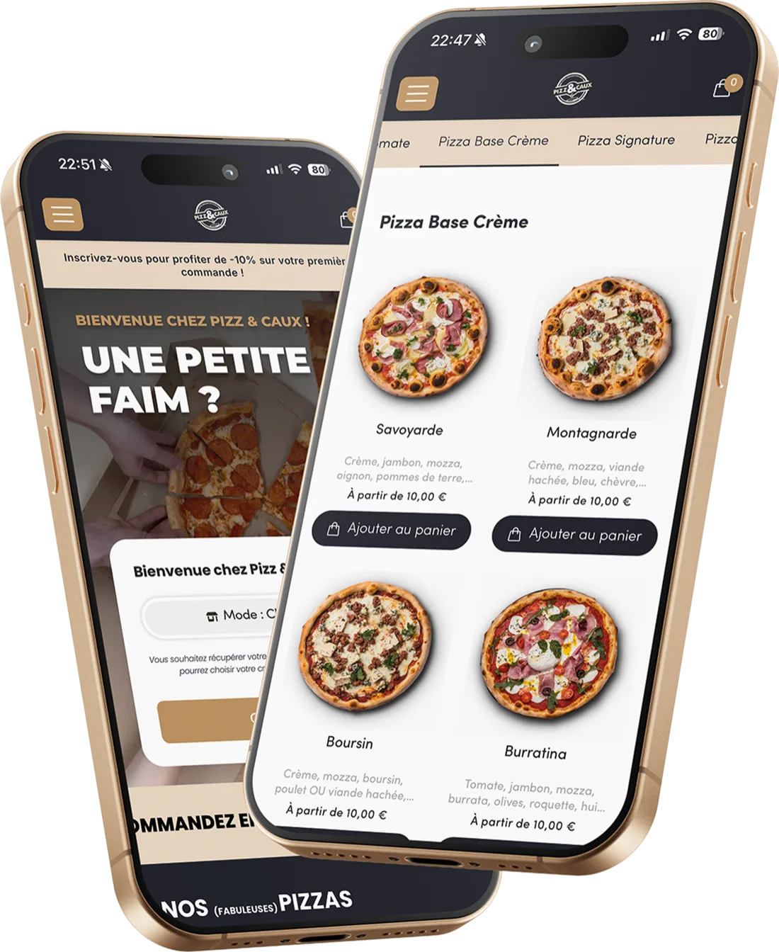 Page de commande Pizz & Caux sur mobile
